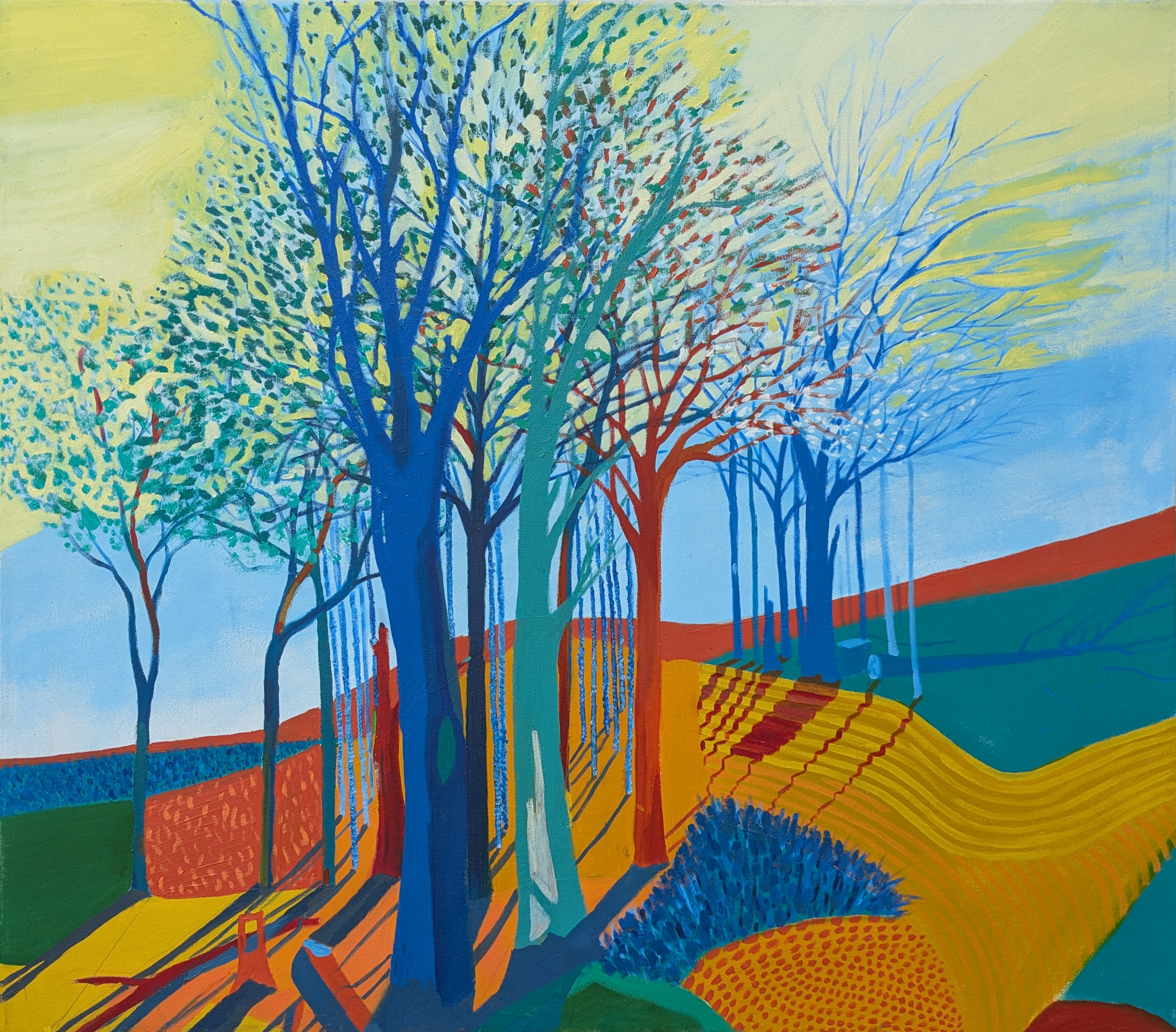 A vibrant painting featuring a stylized tree with blue branches and multicolored leaves. The background includes abstracted landscape elements with bright yellow, red, orange, green, and blue geometric patterns and lines.