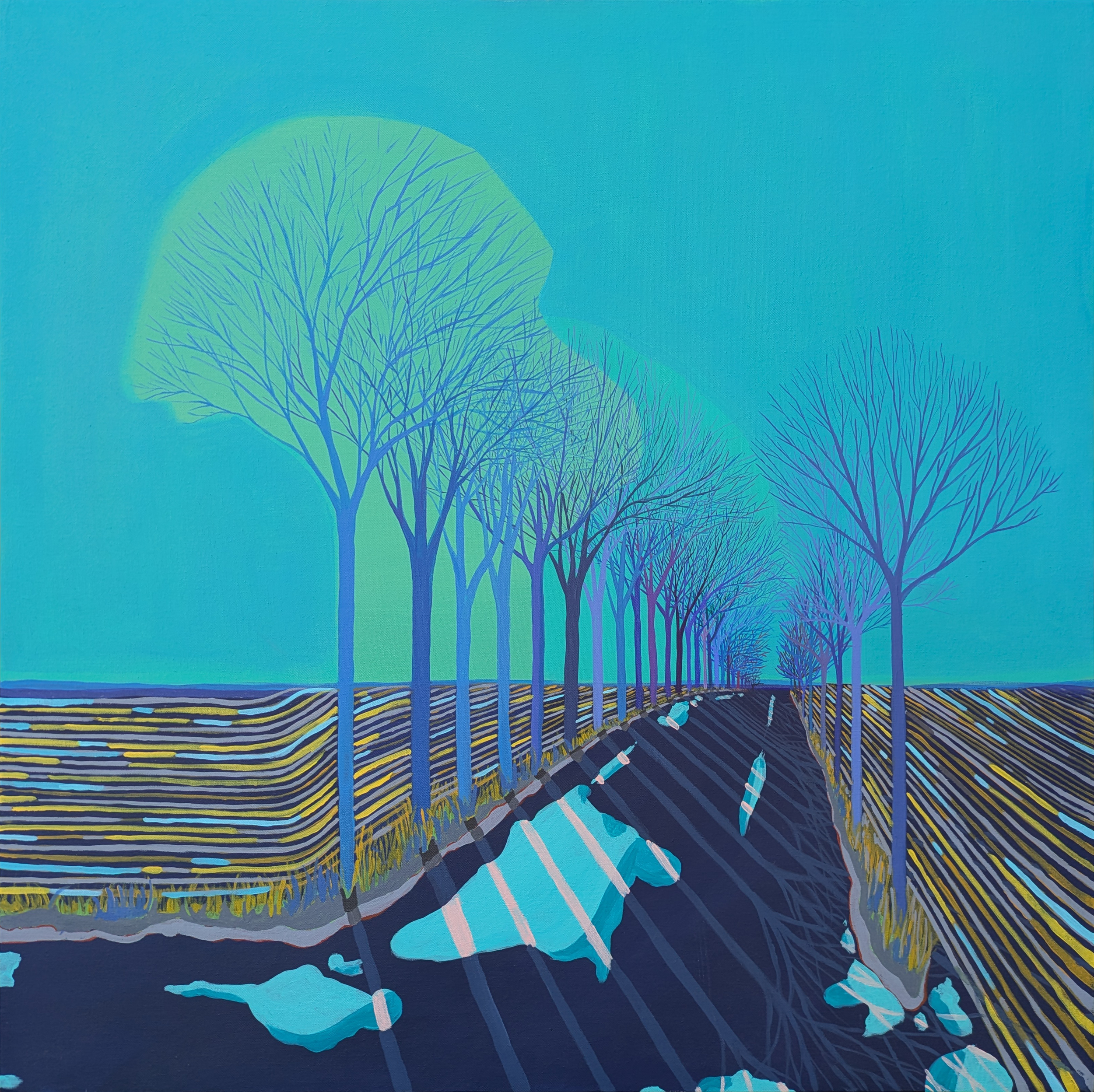 An abstract painting of leafless trees with a blue background and colorful lines representing the ground and pathways.