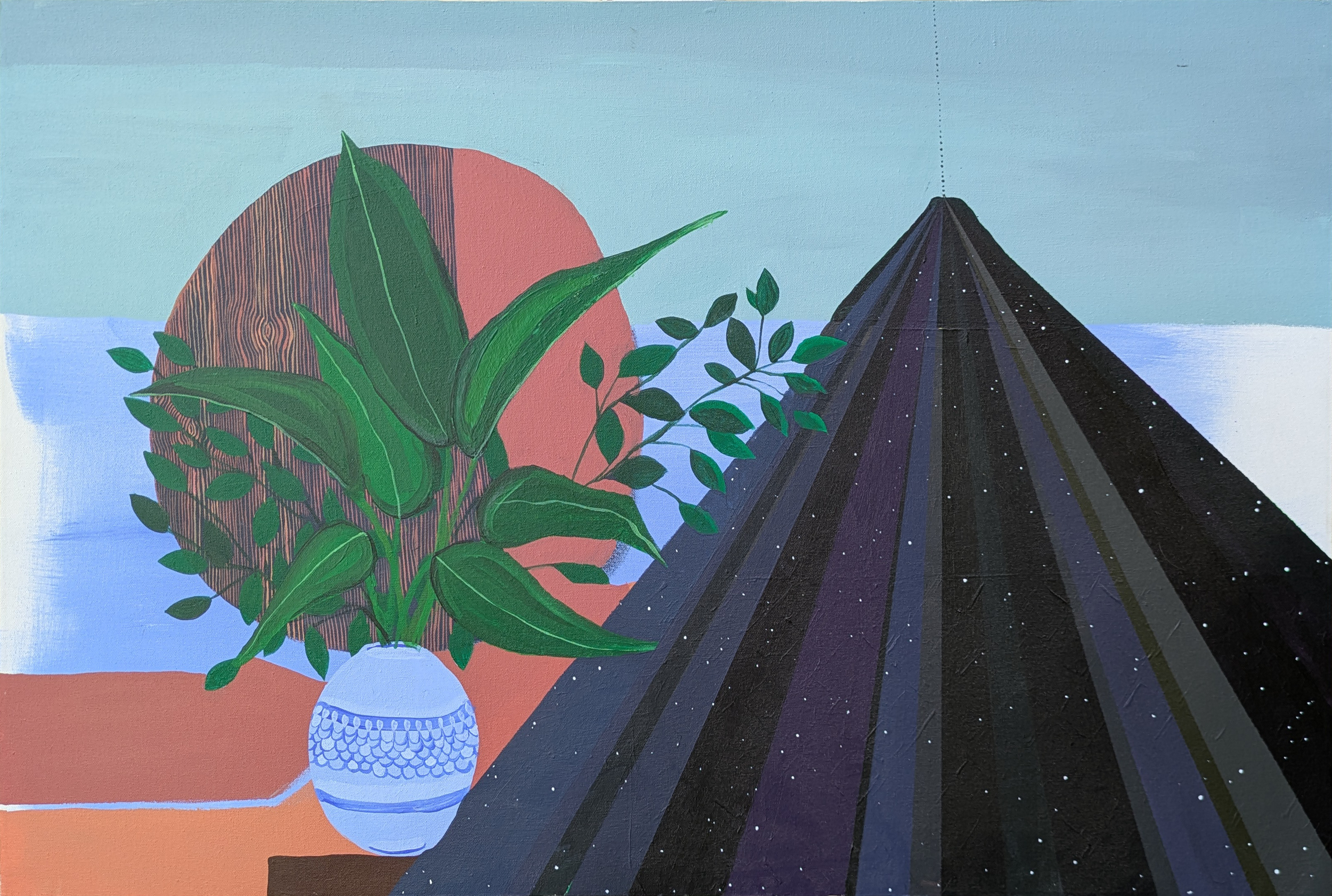 A modern, abstract painting of a still life scene with a potted plant in a blue vase, placed on an orange table. In the background, there are minimalistic representations of a pink sun or moon, a black mountain or pyramid with small white stars, and 