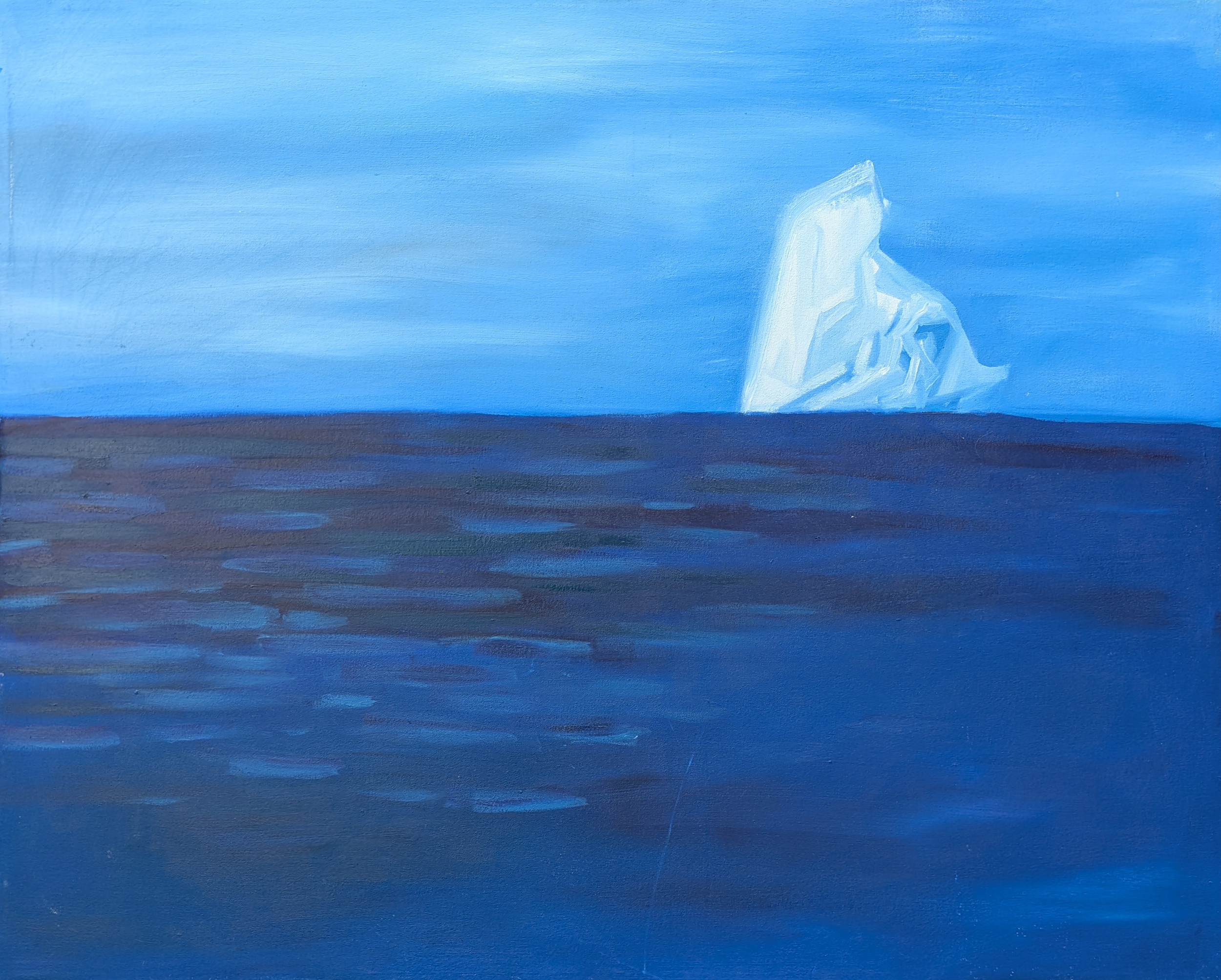 An abstract painting of a large iceberg floating in the ocean against a bright blue sky.