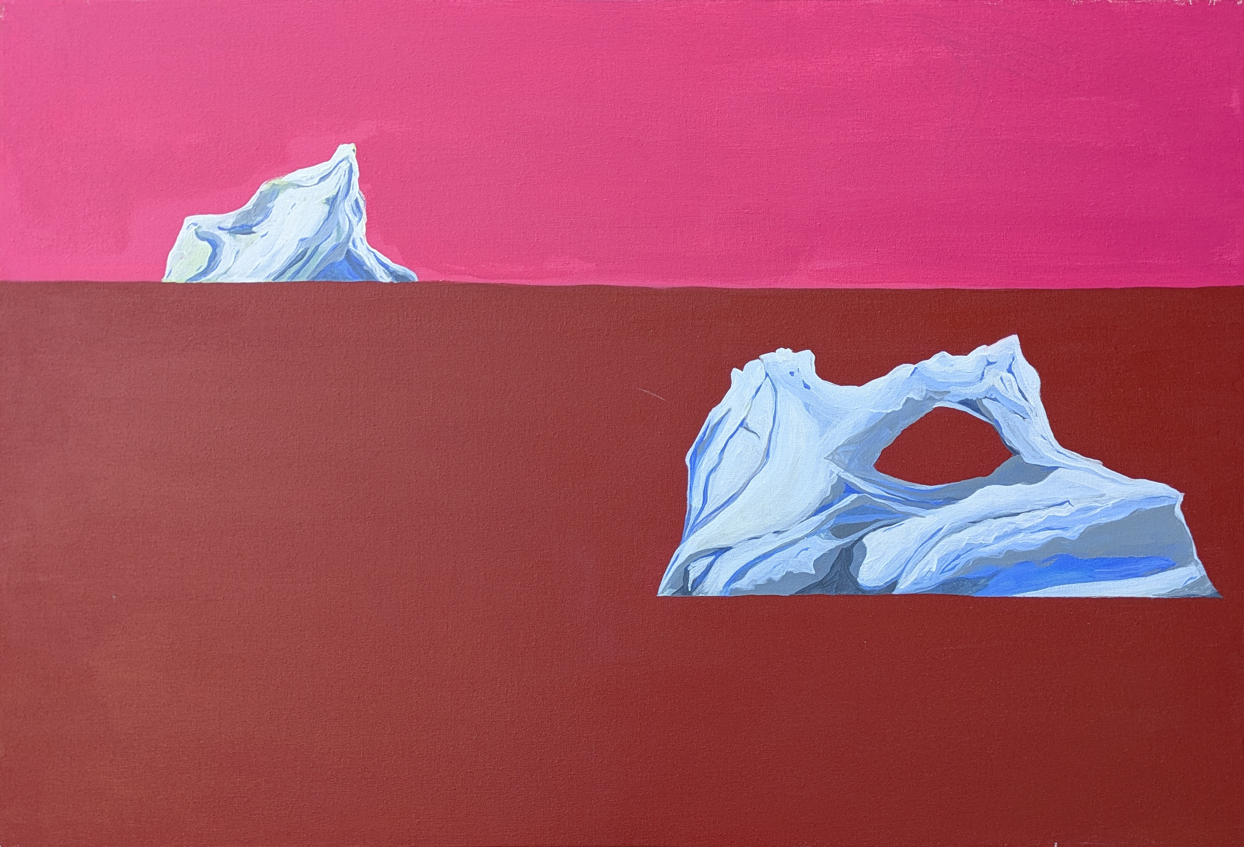 Painting of two iceberg formations against a pink and red background.