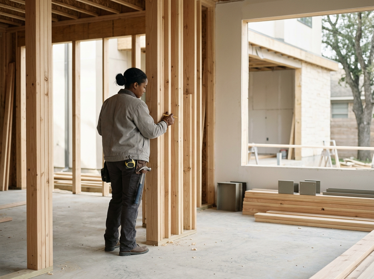 A woman working on framing in a house under construction, standing amidst wooden studs, with built-in shelves and large window openings.