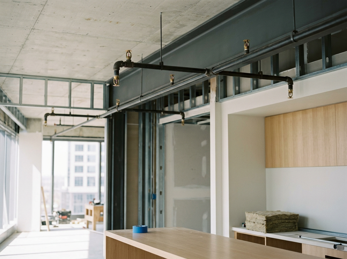 Interior of a building under construction with exposed pipes, partially finished walls, and a wooden countertop.