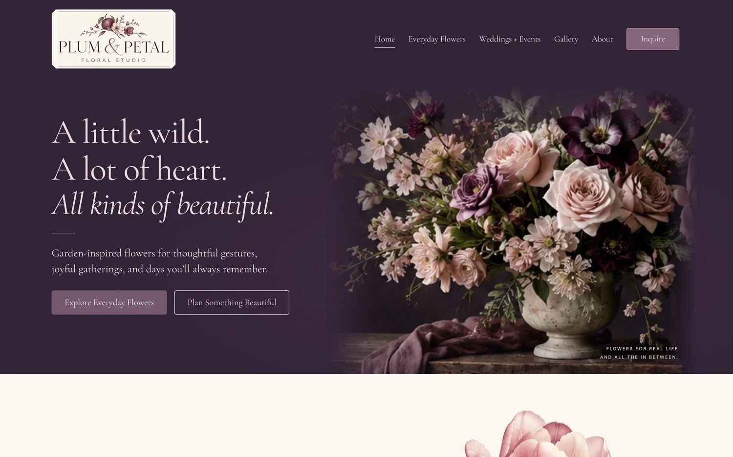 Home page of the Plum & Petal Floral Studio sample site