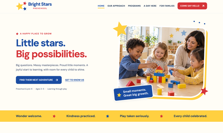 Home page of the Bright Stars Preschool sample site
