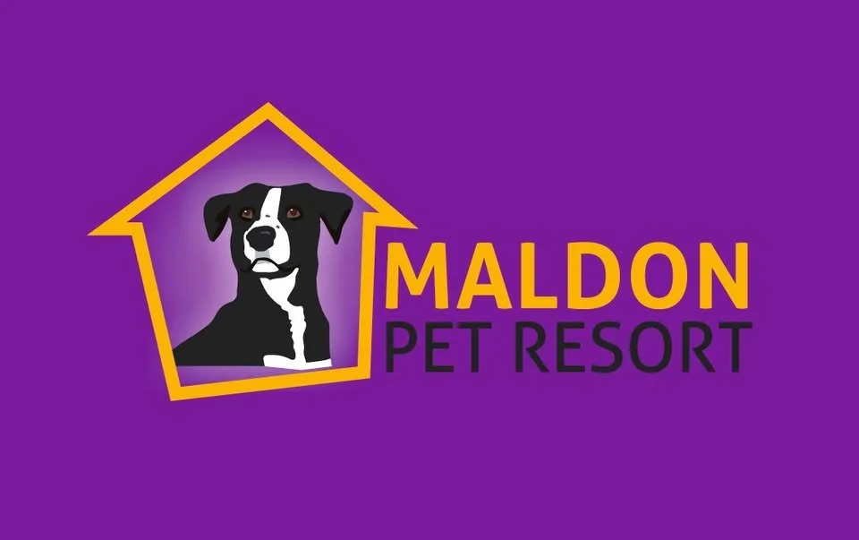 Logo for Maldon Pet Resort featuring a stylized black and white dog inside a yellow outline of a house on a purple background.