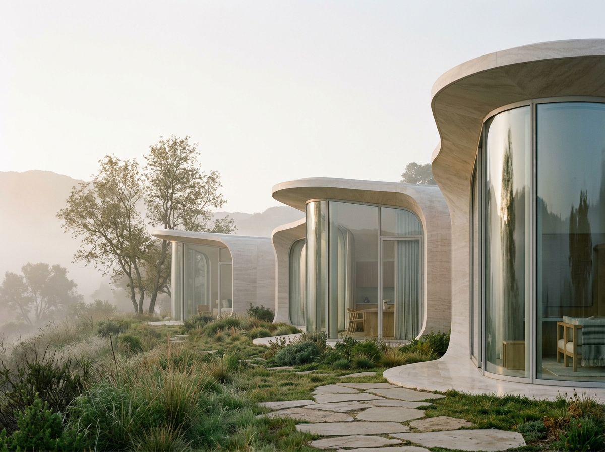 Modern house with curved walls and large glass windows, surrounded by desert landscape and trees at sunrise or sunset.