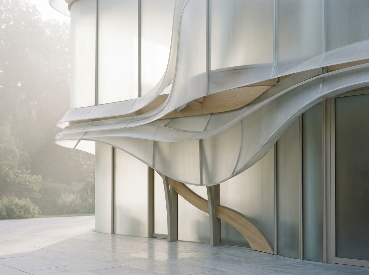 Modern building exterior with organic, flowing architectural design, featuring curved glass and metal panels.
