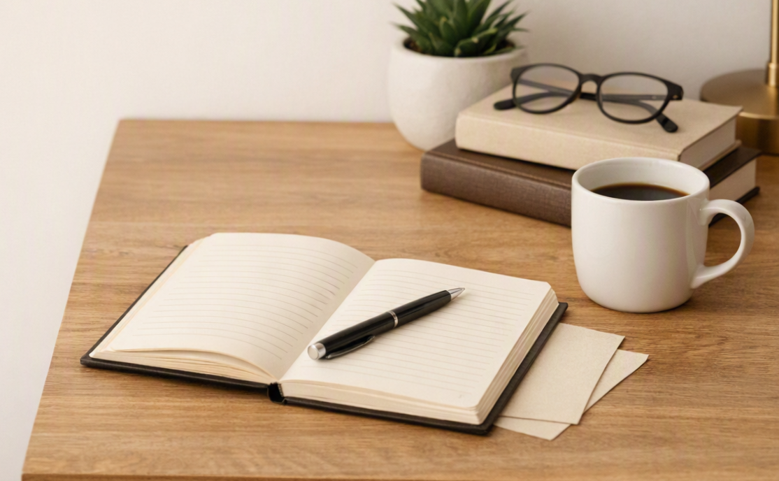 Creative writing setup — J.D. Friel drafting Midnight Mass in Seeksvill