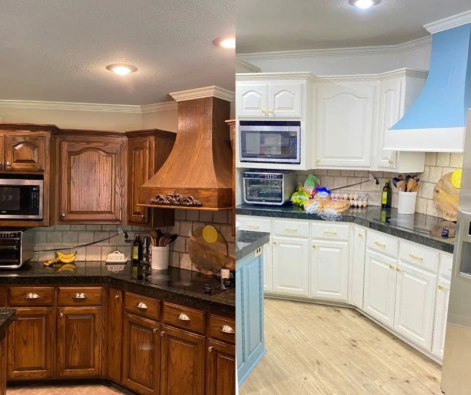 Before and after photos of a kitchen.