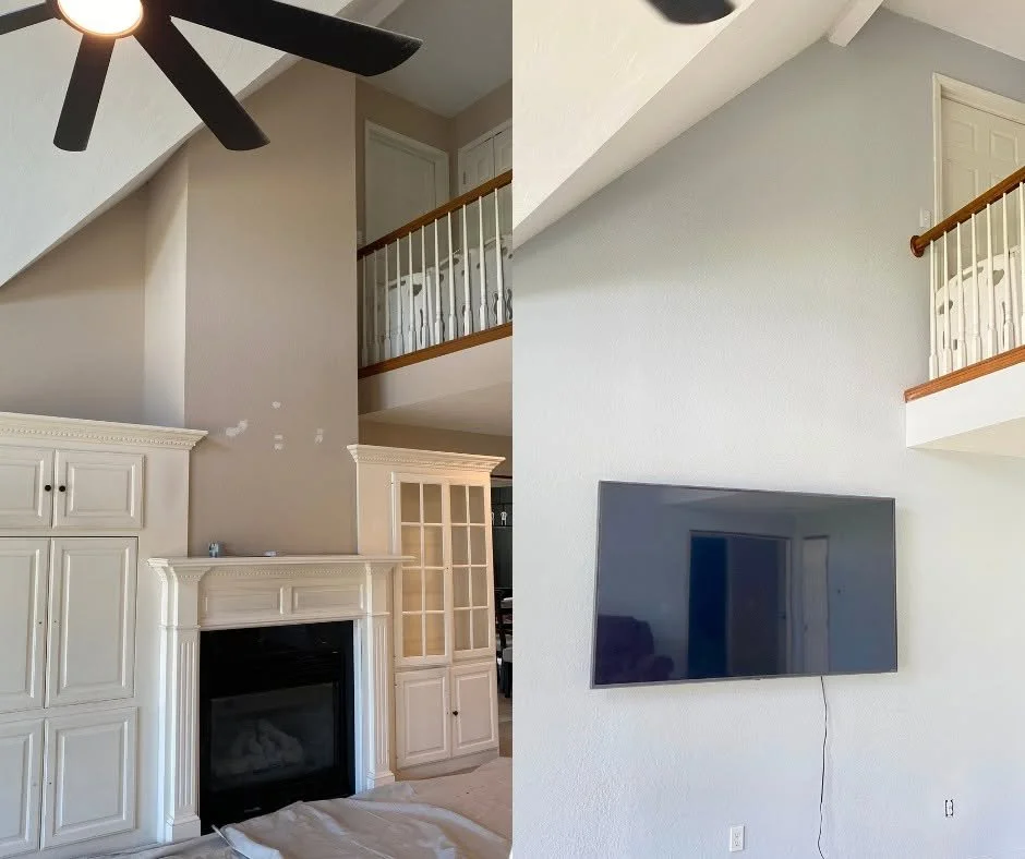 Before and after photo of a wall that has fireplace removed.