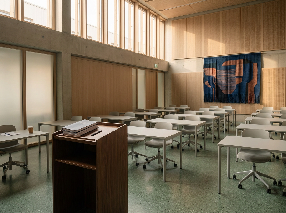 Empty classroom with white desks and chairs, a wooden podium with papers, a cup, and a large blue and brown tapestry on the wall. Large windows allow natural light to fill the room.
