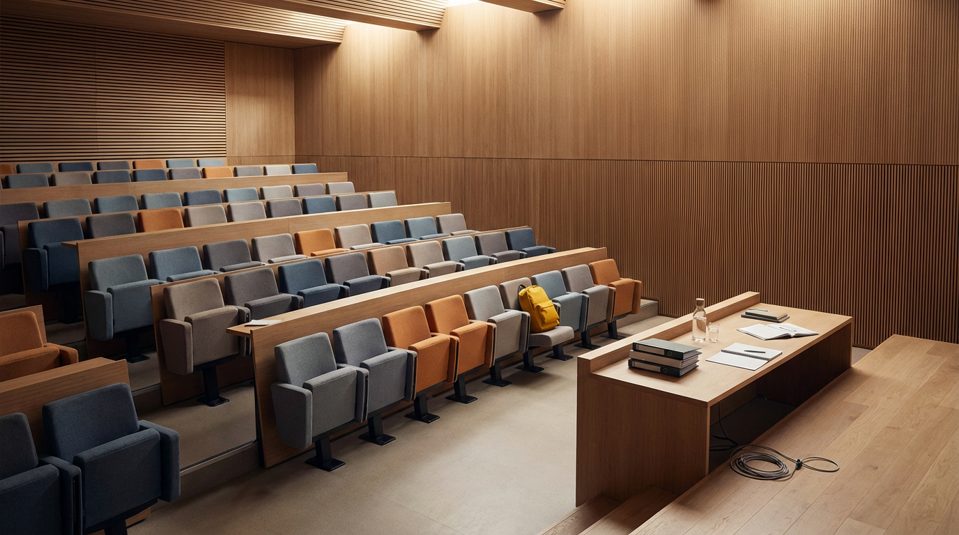 Empty lecture hall with tiered seating and a wooden desk at the front, including notebooks, a water bottle, and binders.