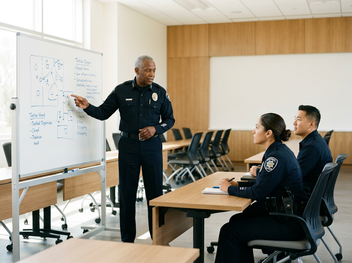 A police officer is giving a training session to two fellow officers in a conference room, with a whiteboard containing diagrams and notes about tactical formations.