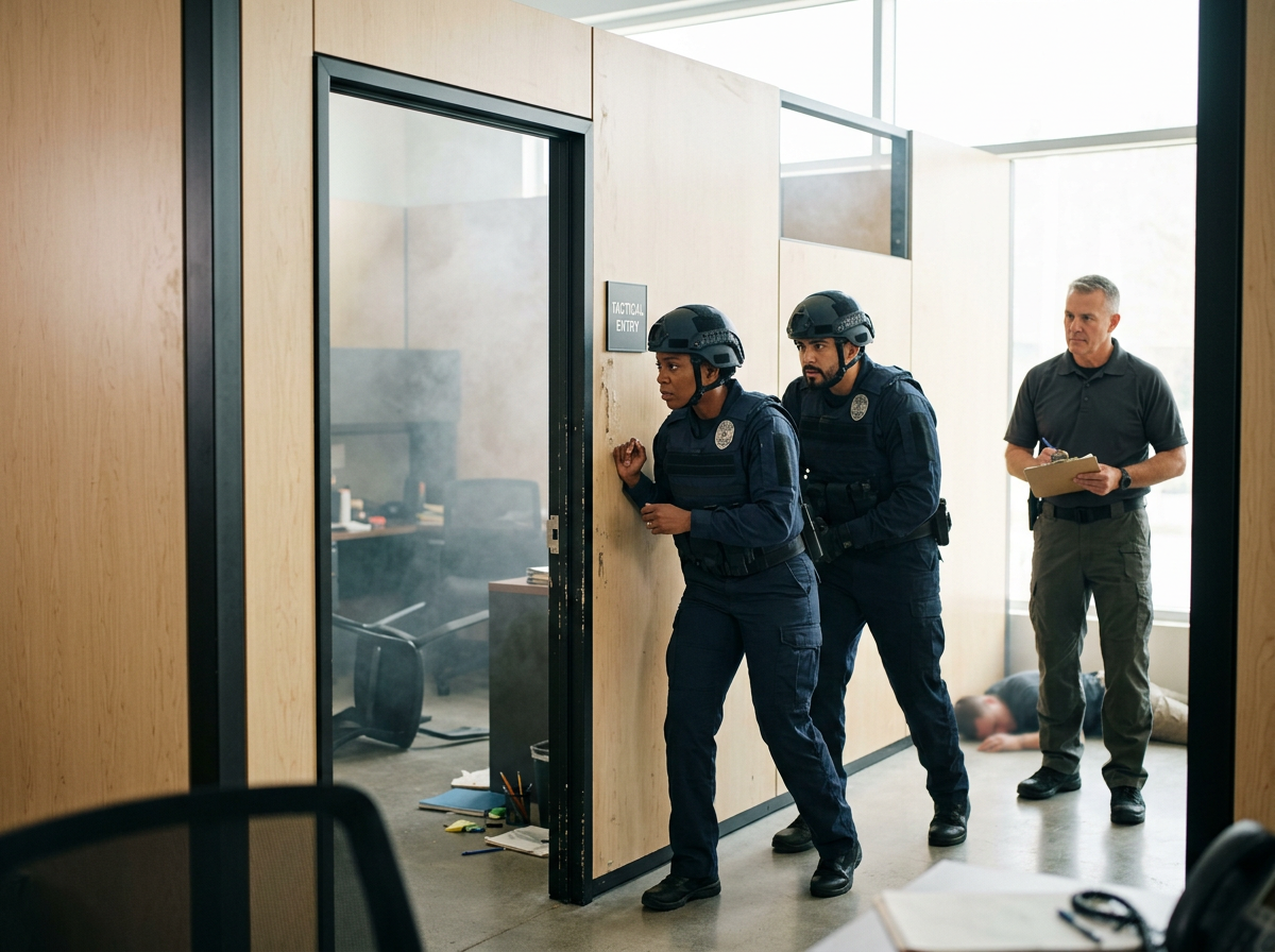 Two police officers in tactical gear are peering through a door labeled 'Tactical Entry' while a man in plain clothes stands behind them with a clipboard. A person is lying on the floor inside the room.