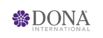 DONA International logo with purple floral icon and gray text