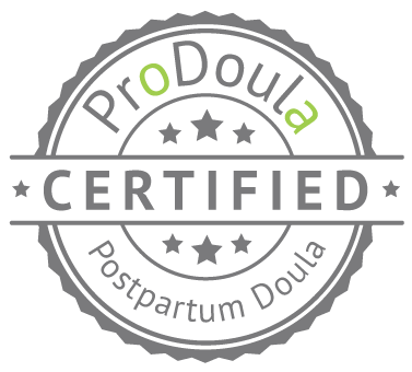 Gray circular “PRODoula Postpartum Doula CERTIFIED” badge with stars and horizontal banner