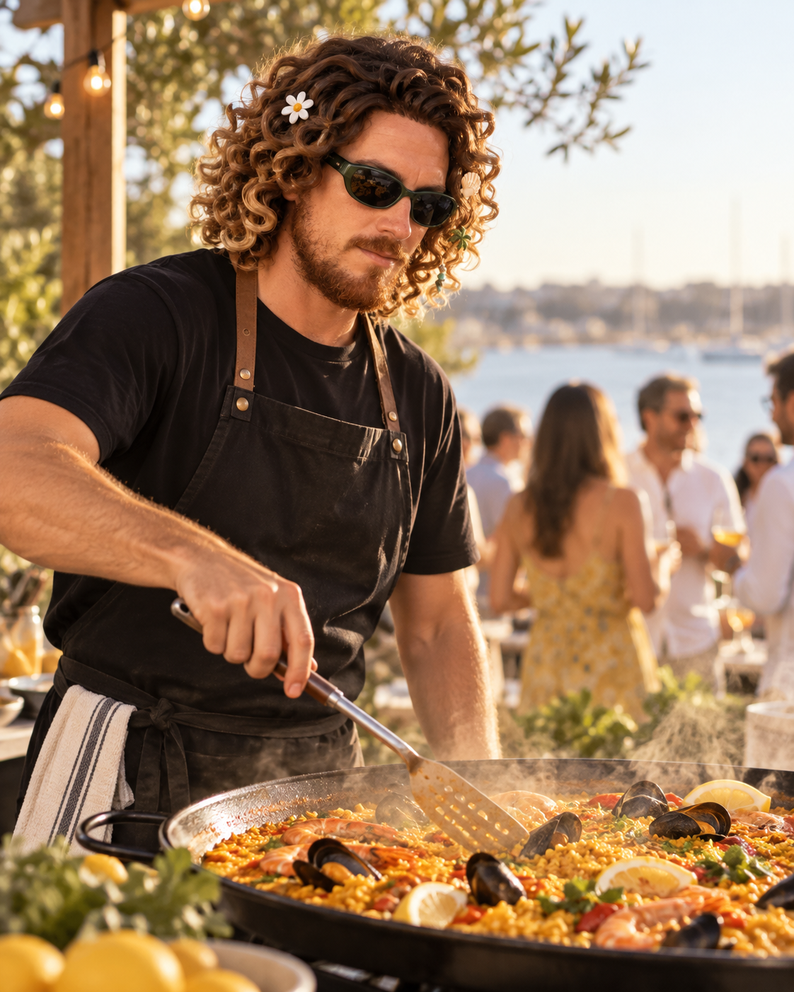 A man with curly hair, wearing sunglasses and a black T-shirt, cooking seafood paella at an outdoor gathering near a body of water.