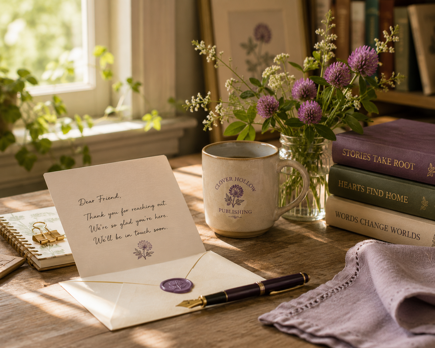Writing desk with a handwritten note, purple clover flowers, books, and a Clover Hollow Publishing mug