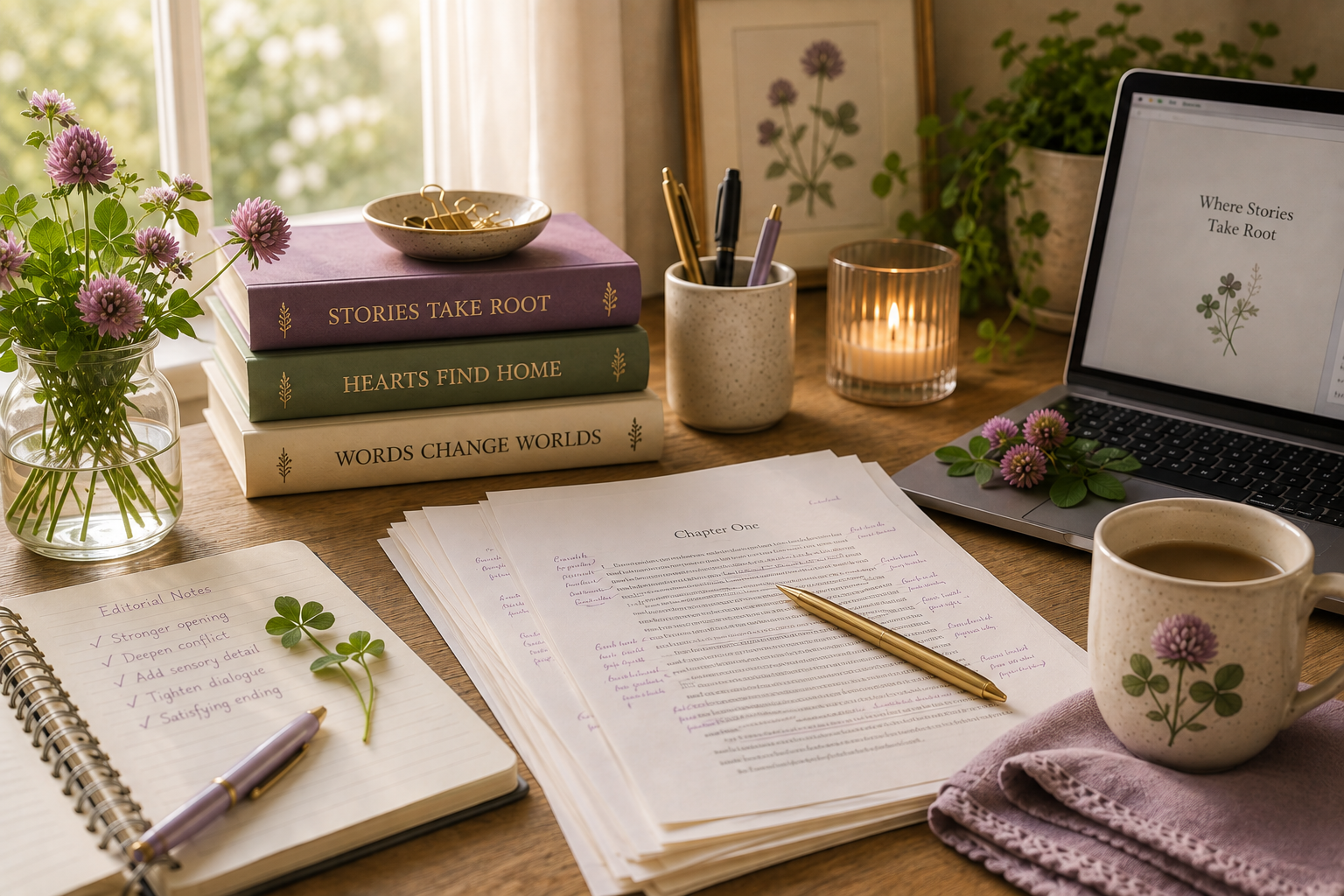Editorial desk with inspirational books, manuscript pages, clover, and writing tools.