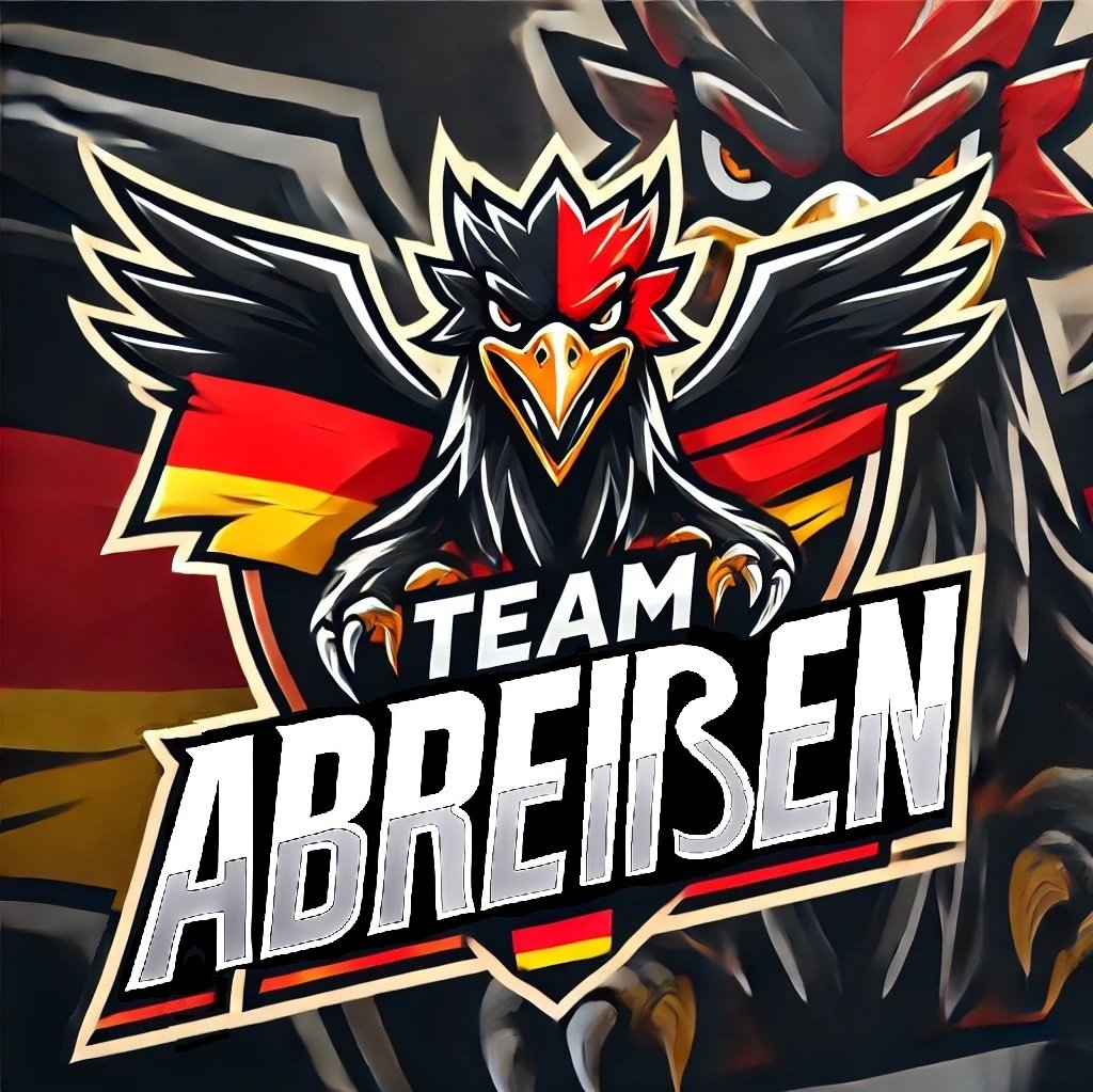 A graphic design of a fierce black and red eagle with outstretched wings, featuring German flag colors and the text 'TEAM ABREIßen' in bold lettering.