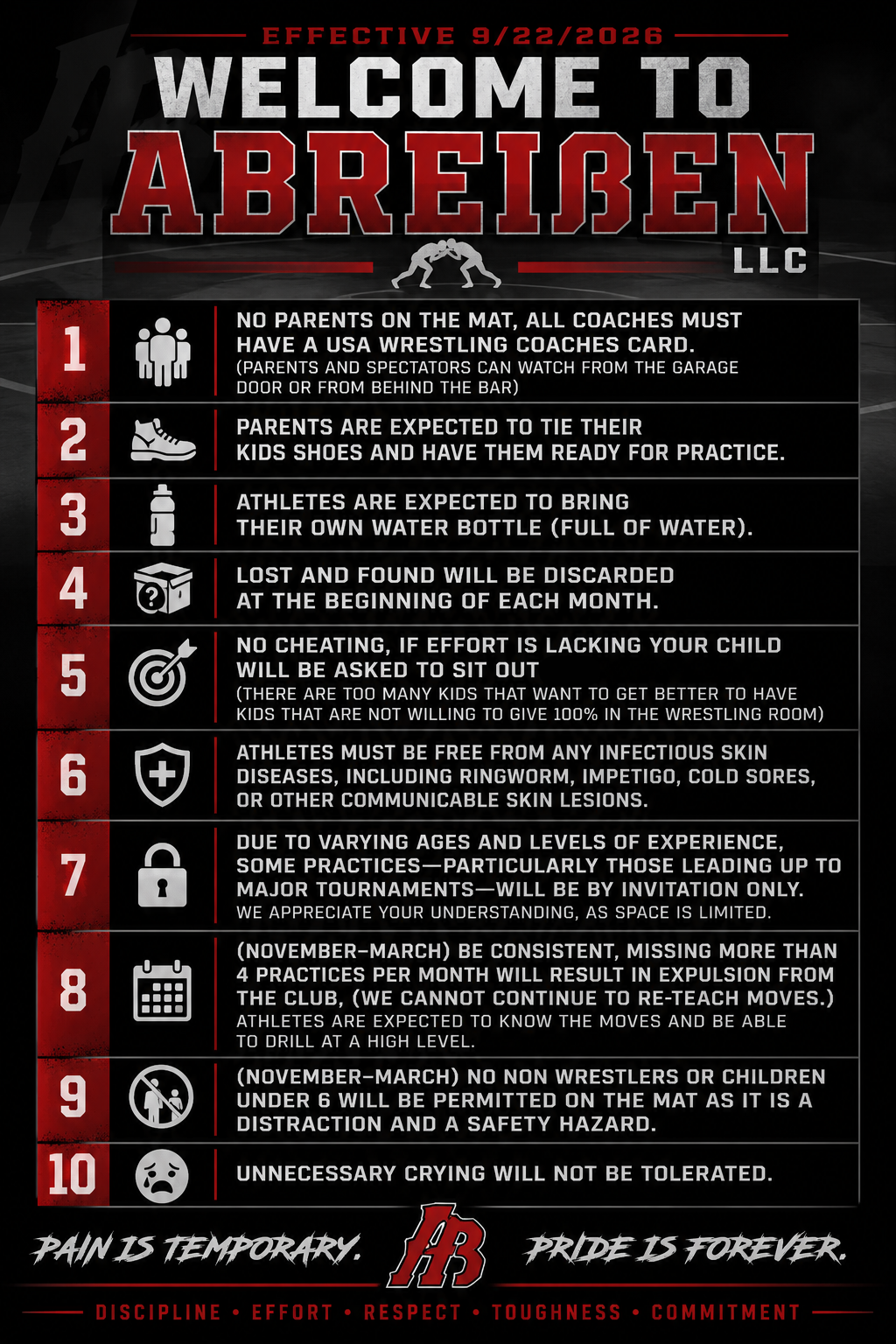 Rules and guidelines poster for a wrestling gym called Abreiden LLC. It includes age restrictions, equipment requirements, sportsmanship rules, and health policies, with the effective date of September 22, 2026.