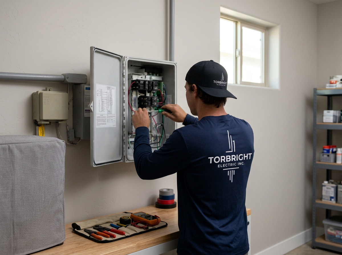 Electrician working on an electrical panel in a room with a window, wearing a Torbright Electric Inc. shirt and cap, with tools laid out on a workbench.