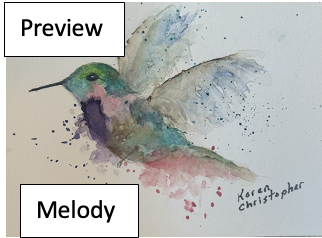 Watercolor painting of a hummingbird in flight with colorful splashes.