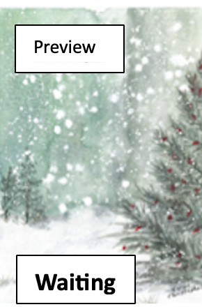 Snow-covered scene with a Christmas tree decorated with red ornaments and snow-covered pine trees in the background.