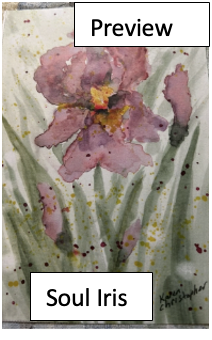 Watercolor painting of a pink flower with yellow center named 'Soul Iris', with green leaves and yellow splashes in the background.