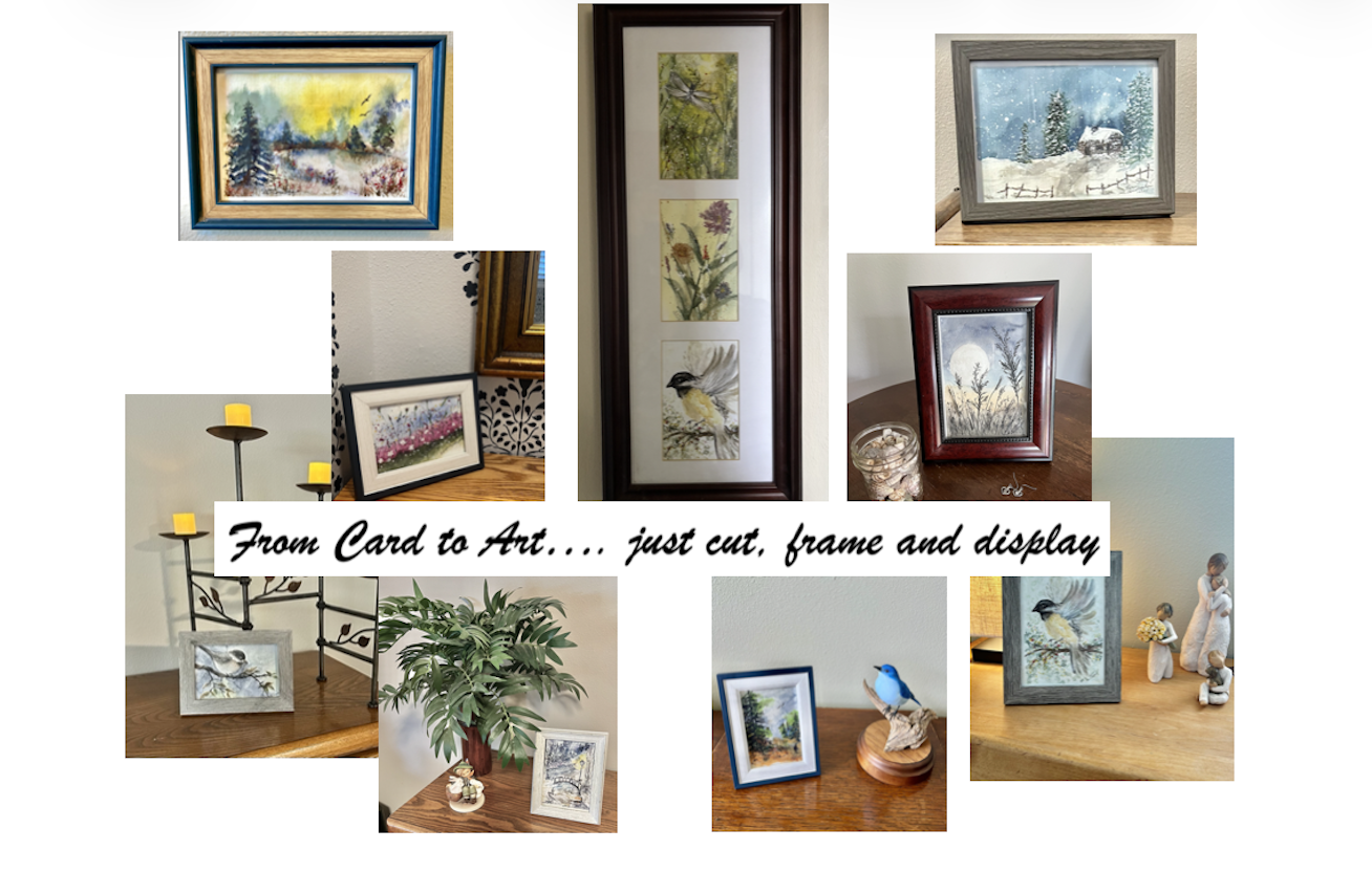 Collage of framed watercolor, acrylic, and mixed media art featuring landscapes, birds, and floral scenes displayed on tables, walls, and shelves; with decorative figurines, candles, and a plant.