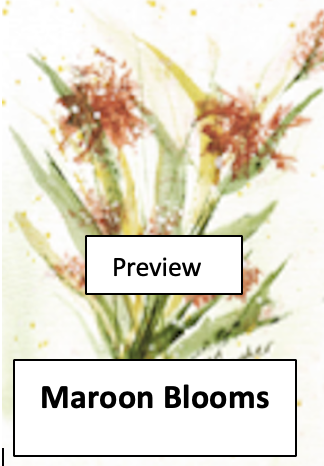 Watercolor painting of maroon and pink flowers with green leaves and stems.
