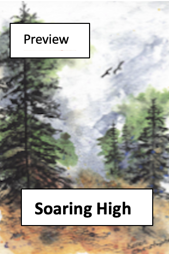 Watercolor landscape painting of tall pine trees and a cloudy sky with two birds flying.