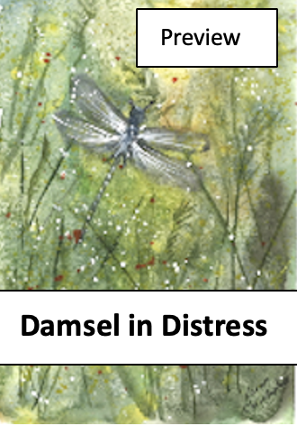 A dandelion seed head in distress with a dragonfly resting on it, watercolor background with green and yellow hues.