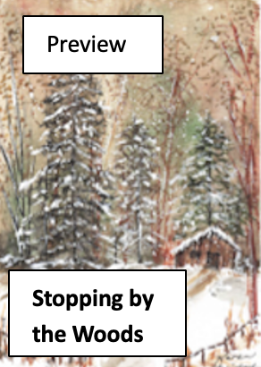 A winter landscape painting of snow-covered pine trees and a small wooden cabin in the woods.