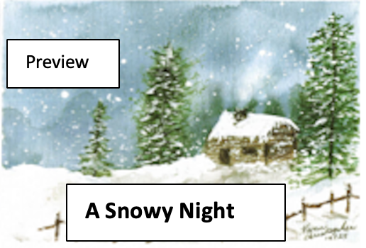 Snowy landscape with trees, a small house, and falling snow