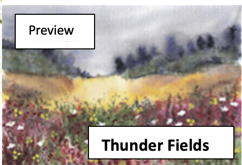 Watercolor painting of a landscape with thunder fields, colorful flowers, and a cloudy sky.