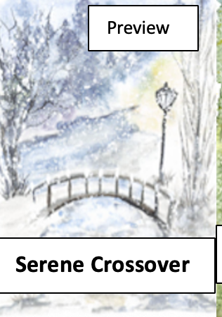 Snow-covered park scene with a small stone bridge and a lamppost.