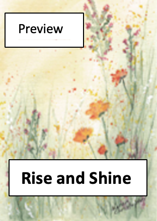 Watercolor painting of orange and purple flowers and green grass with the text 'Rise and Shine'.