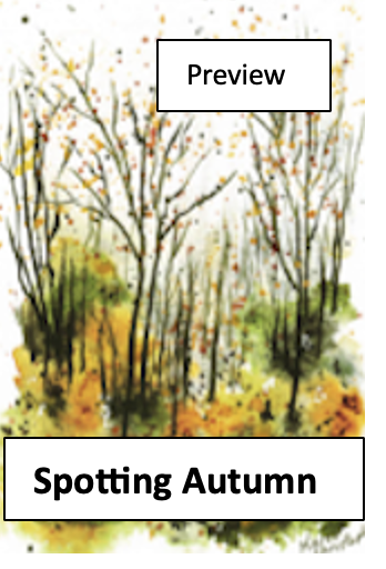 Watercolor painting of trees with orange and yellow autumn leaves, with green foliage at the bottom, titled 'Spotting Autumn'.