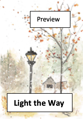 Autumn scene with trees, a lamp post, and a small house with the text "Light the Way"