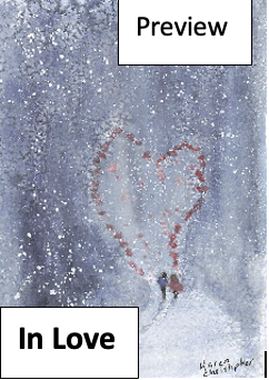 Heart shape drawn in red on snow-covered ground with falling snow and trees in the background, captioned "In Love".