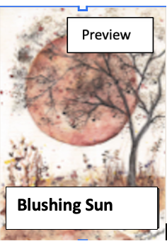 Artwork featuring a large reddish-orange sun, leafless tree, and falling leaves, titled 'Blushing Sun'.