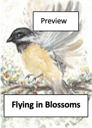 Watercolor painting of a small bird perched on a branch with blossoms.