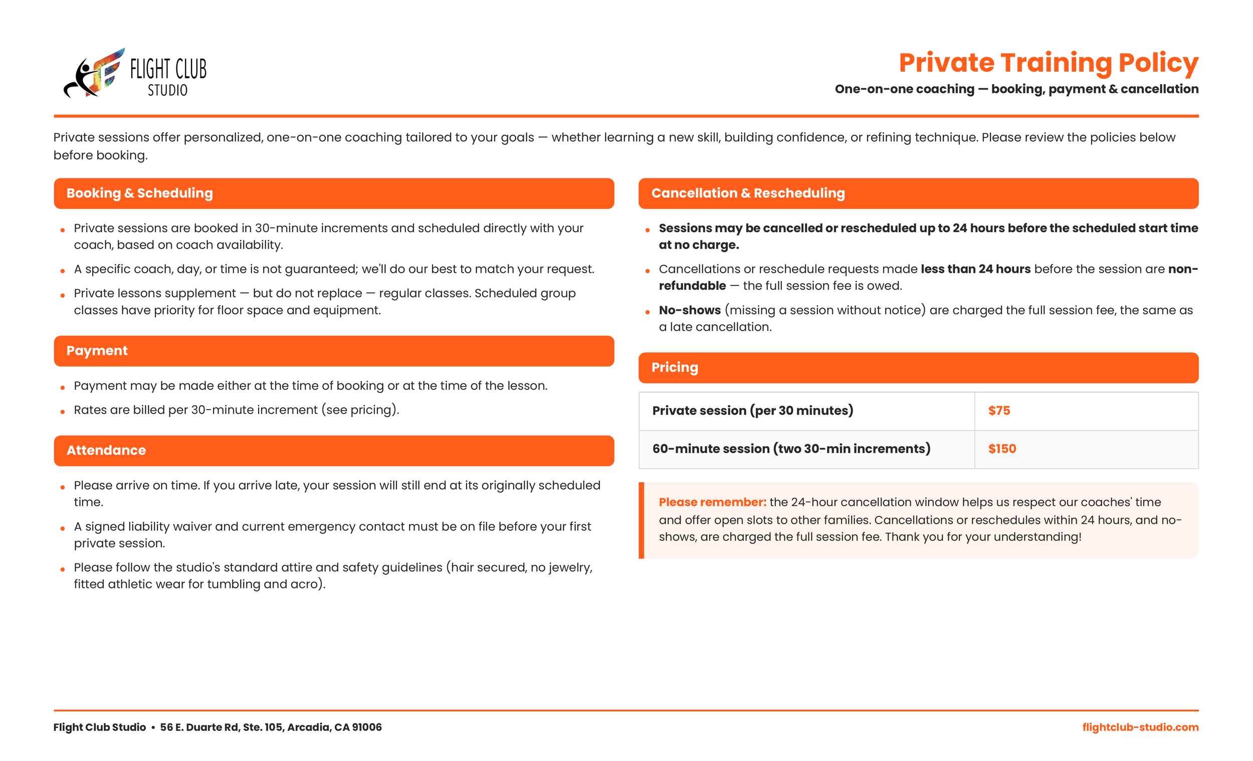 Flight Club Studio private training policy document with sections on booking and scheduling, payment, attendance, cancellation and rescheduling, and pricing, featuring headers in orange and text in black and orange.