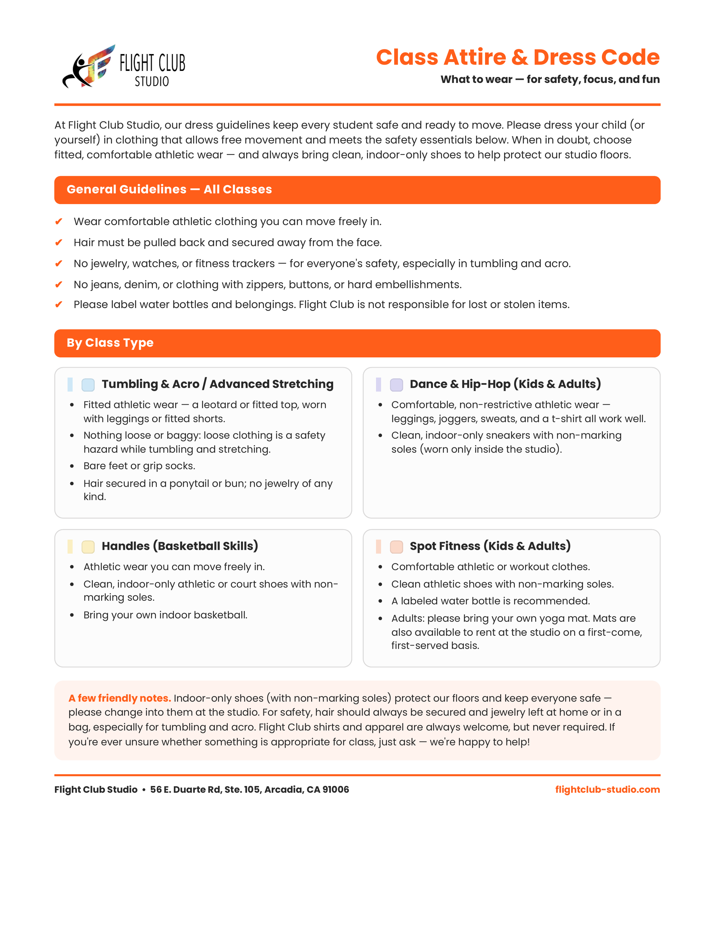 Flight Club Studio class and dress code guidelines, including general rules for safety and attire, separated by class types such as tumbling, dance, and spot fitness, with contact information at the bottom.