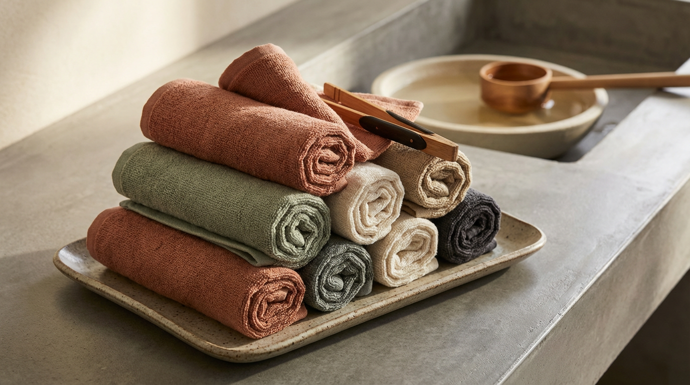 Stack of folded towels in earthy colors on a ceramic tray near a sink.