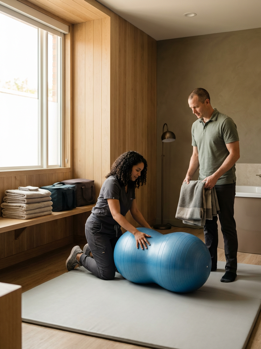 A physical therapist helps a patient with an exercise using a large blue stability ball in a therapy room with wooden walls, a window, and towels stacked on a shelf.