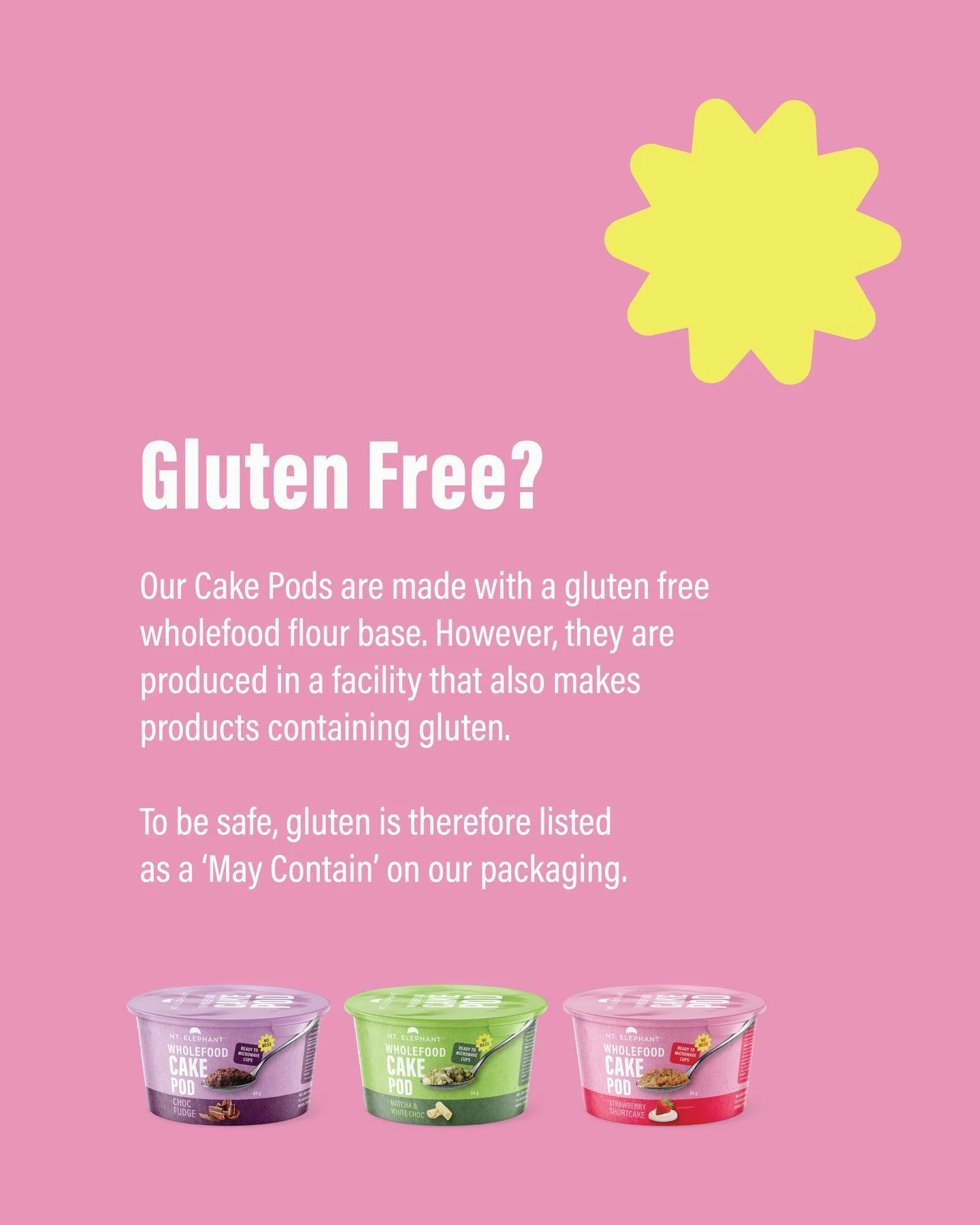 Are our new Cake Pods gluten free? 🤔⁠
Our Cake Pods are made with a gluten free wholefood flour base. However, they are produced in a facility that also makes products containing gluten. ⁠
⁠
To be safe, they gluten is therefore listed as a 'May Cont