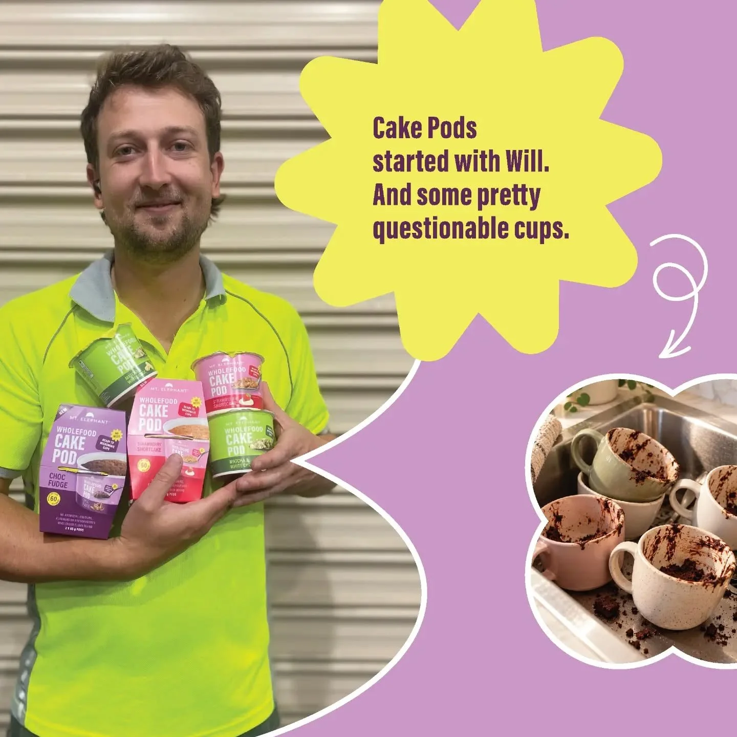 Meet Will, the Warehouse Manager whose snack creation sparked an idea that turned into our delicious Cake Pods! ☕🍰💜

From a little office treat obsession to three amazing wholefood cake flavours ✨

Choc Fudge, Matcha &amp; White Chocolate and Straw